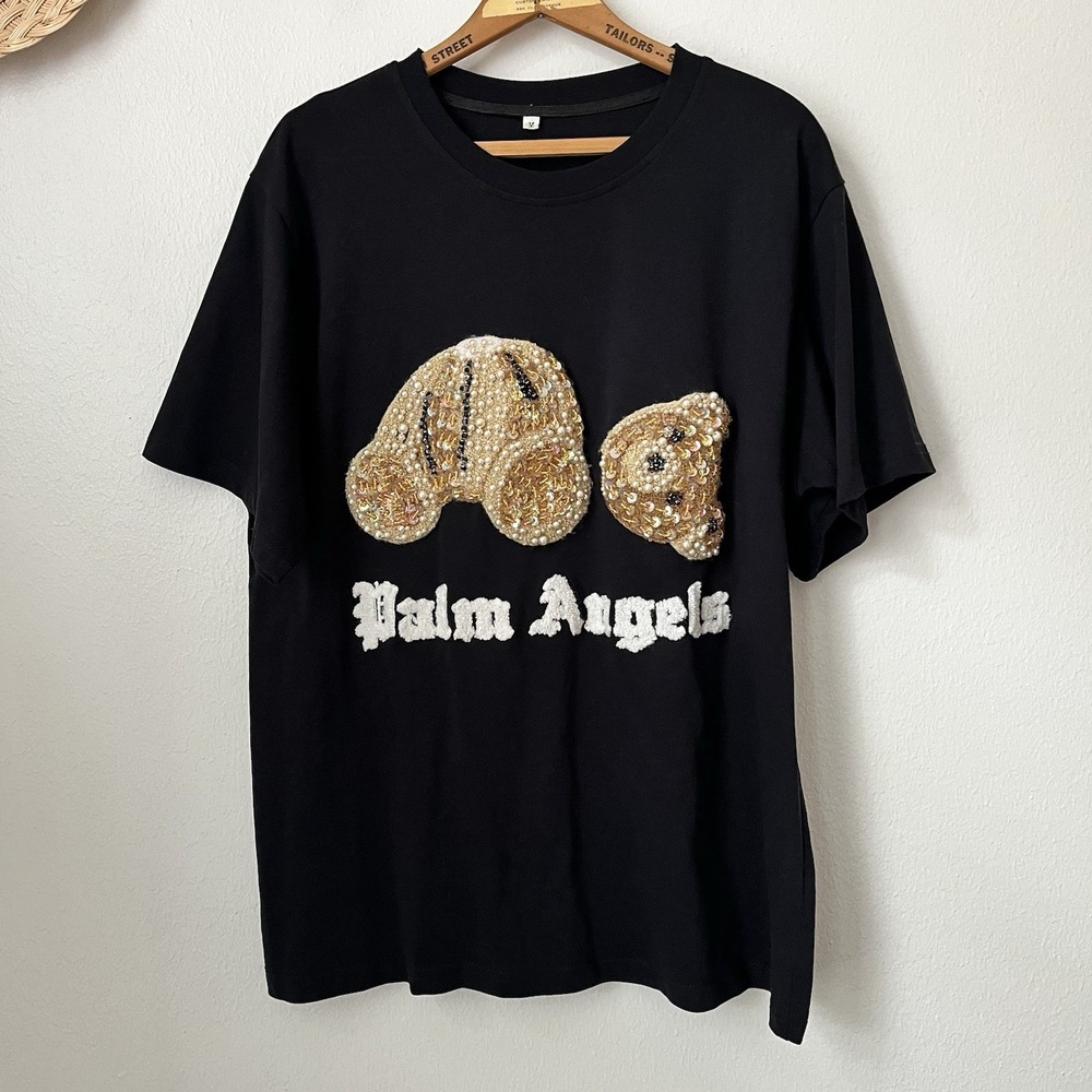 Custom Hand-Beaded Teddy Bear Streetwear T-Shirt Size M Pearls Upcycled